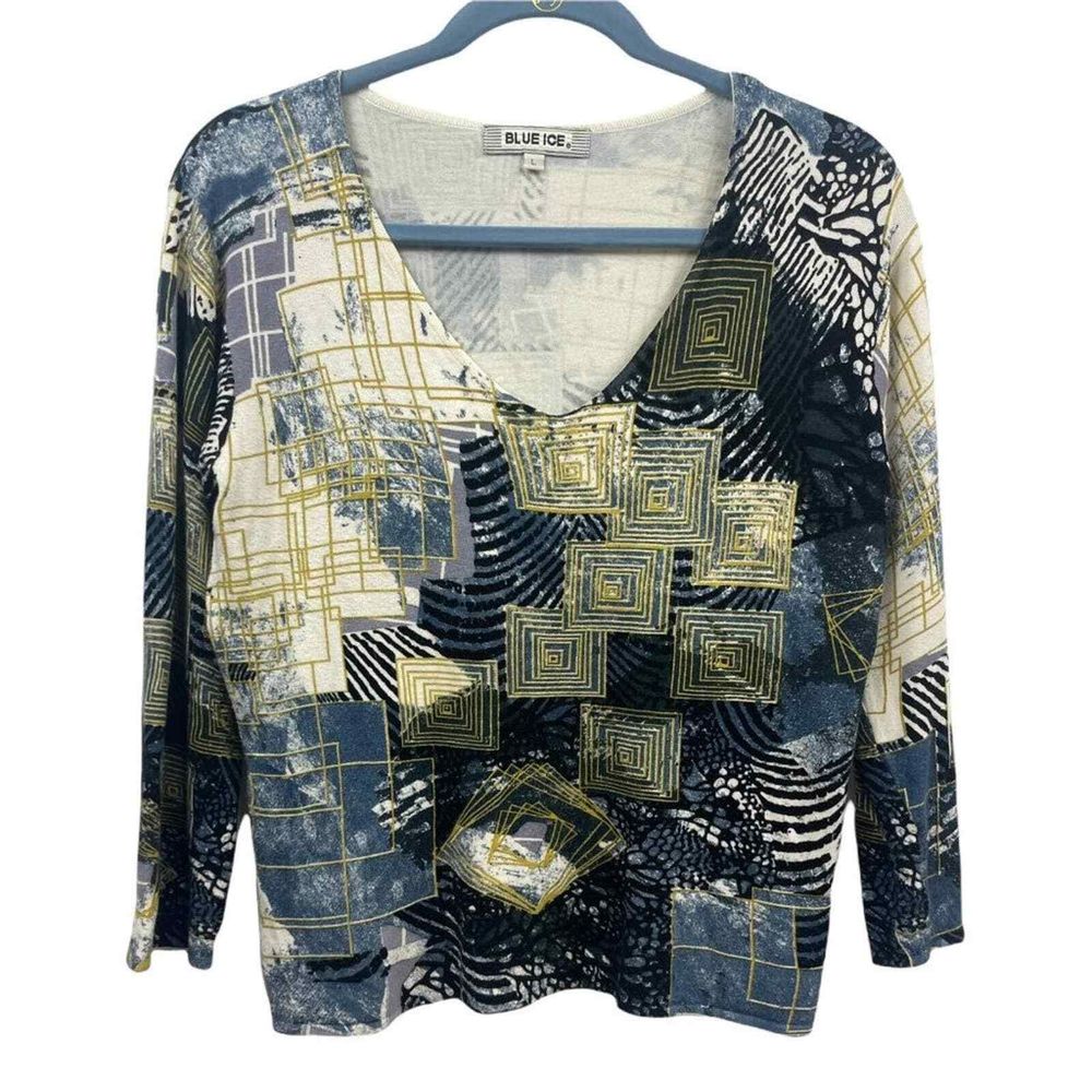 Blue Ice Womens Blouse Sz L Bamboo Blend Blue Gold Geometric